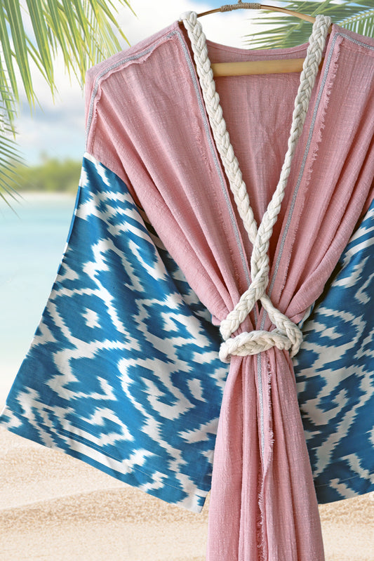 Bata de muselina de seda Ikat color turquesa y rosa