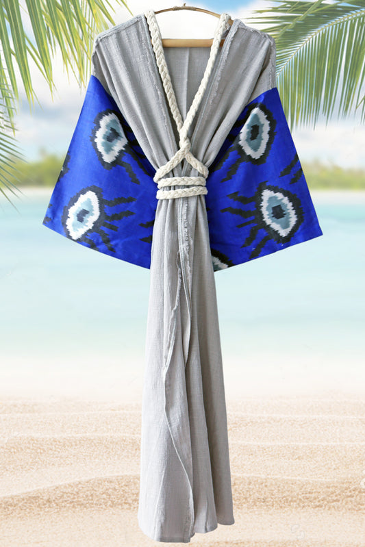 Silk Ikat Muslin Robe Blue Evil Eyes