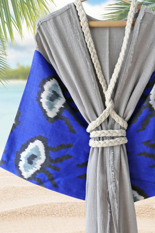 Silk Ikat Winged Robe Blue Evil Eyes