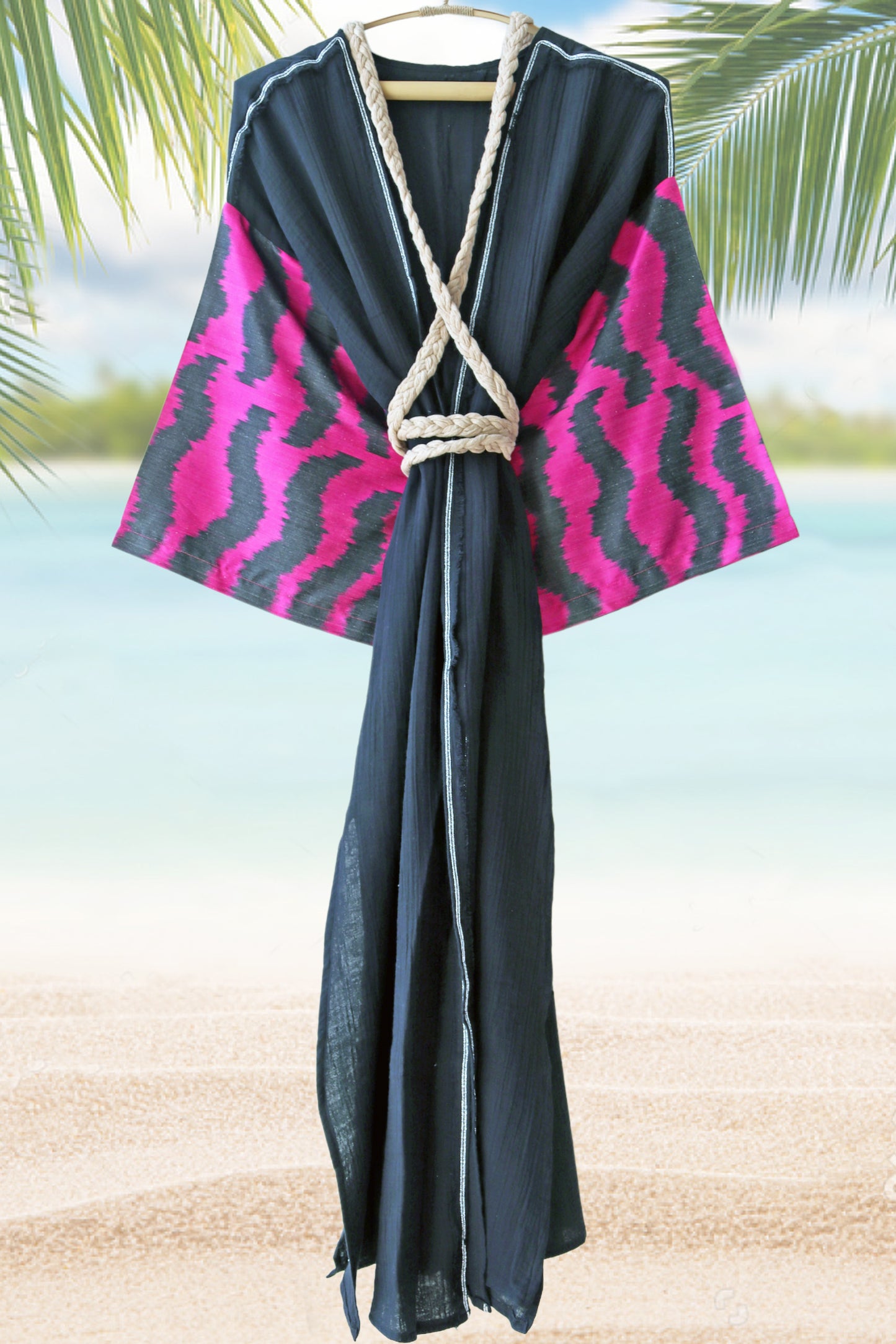Silk Ikat Muslin Robe Fushia Black