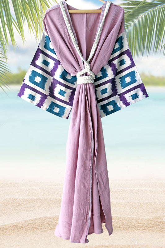 Bata de muselina de seda Ikat color turquesa y lila
