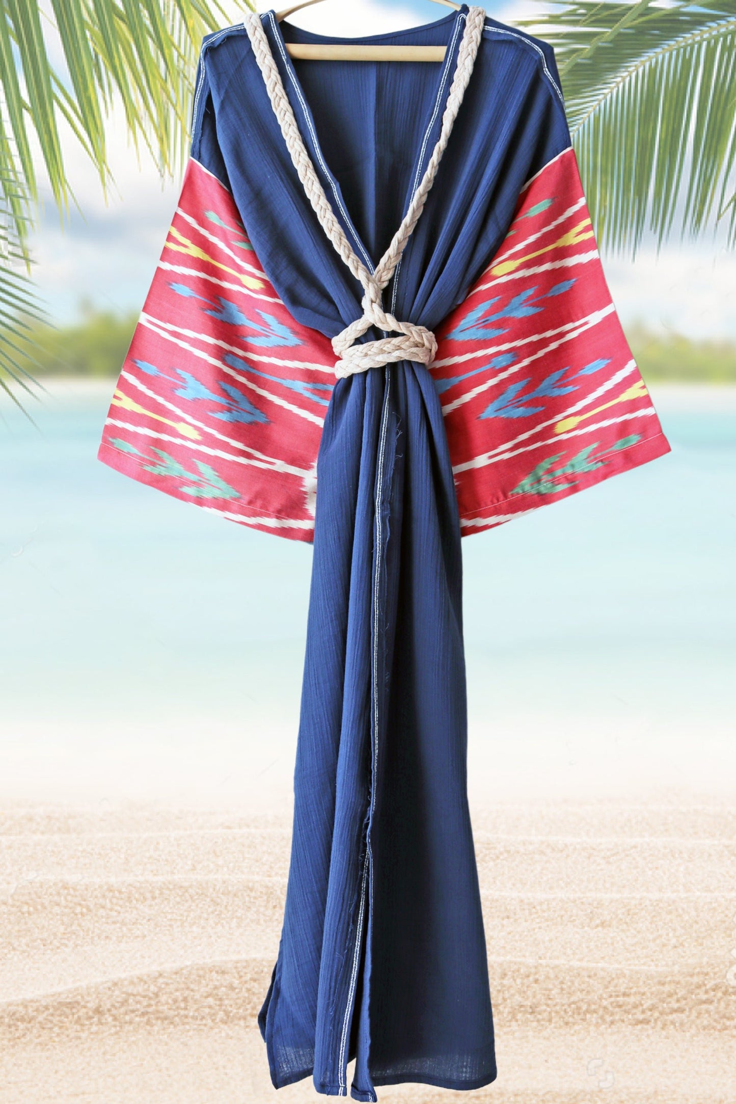 Silk Ikat Muslin Robe Red Navy