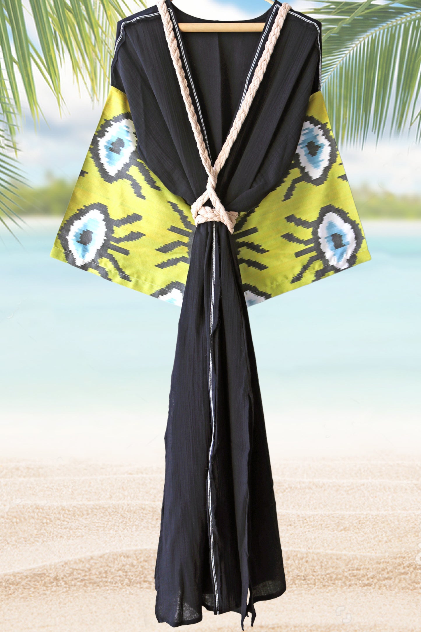 Silk Ikat Muslin Robe Green Evil Eyes