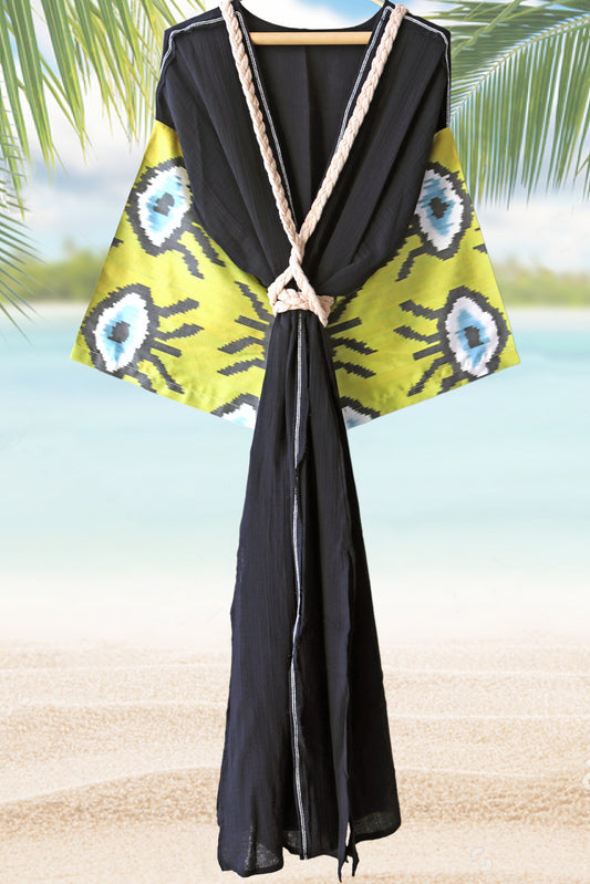 Silk Ikat Muslin Robe Green Evil Eyes