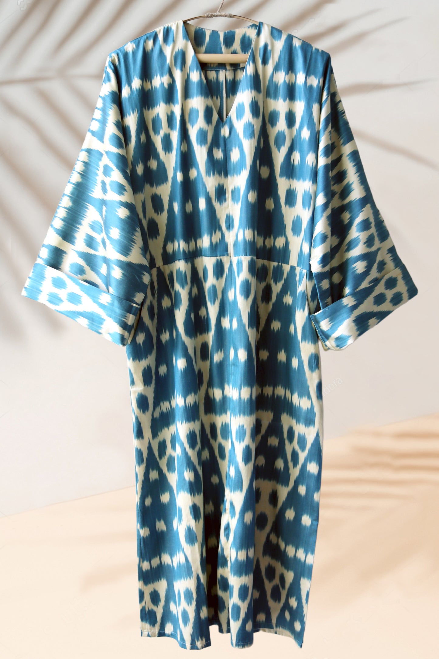 Mediterranean Blue Silk Ikat Kimono Dress