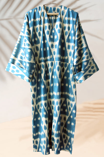Mediterranean Blue Silk Ikat Kimono Dress