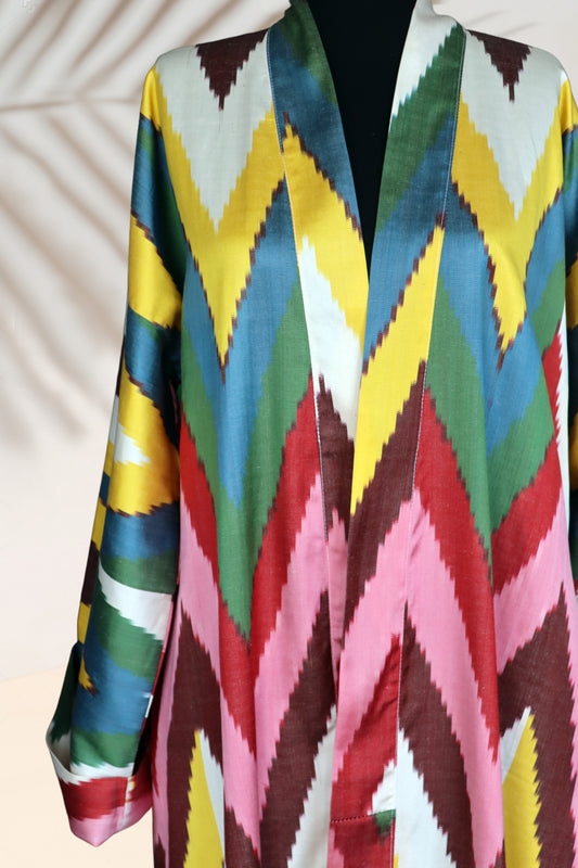 Silk Ikat Kimono Style Zig Zag Caftan