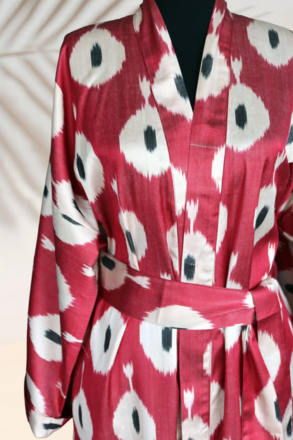 Handwoven Silk ikat kimono style red caftan.