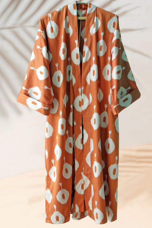 Orange silk ikat kimono style caftan