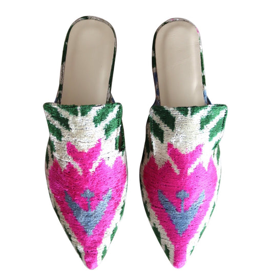 Silk velvet ikat handmade sharp pointed toes slippers