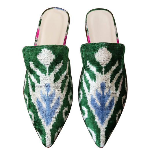 Silk velvet ikat handmade sharp pointed toes slippers