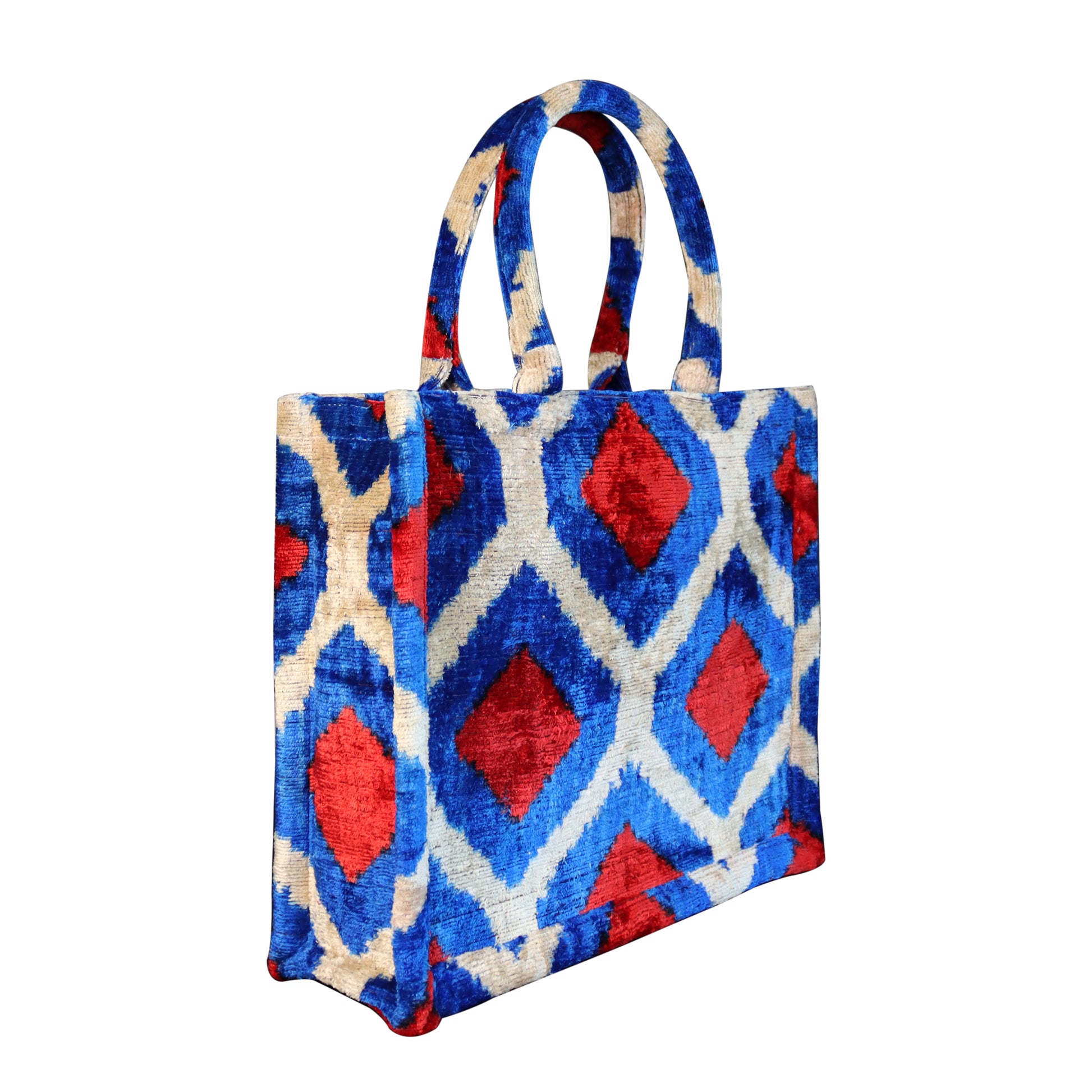 Silk velvet ikat blue and red handmade large  Totebag.