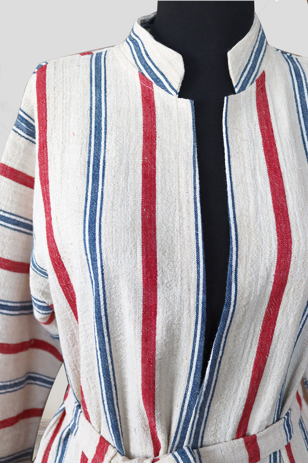 handwoven organic linen caftan blue and red stripes