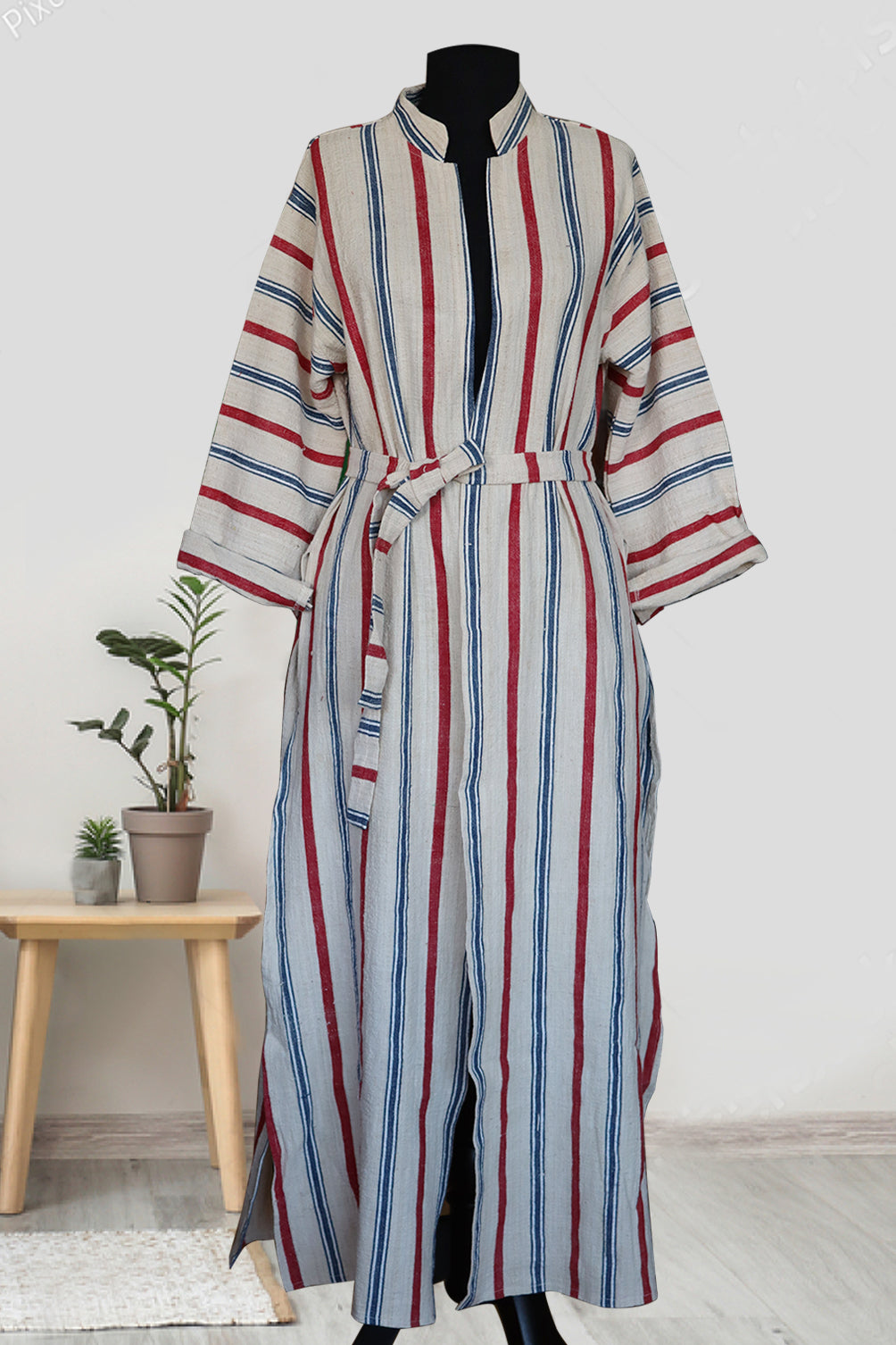 handwoven organic linen caftan blue and red stripes