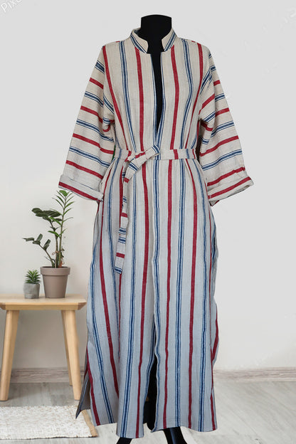 handwoven organic linen caftan blue and red stripes