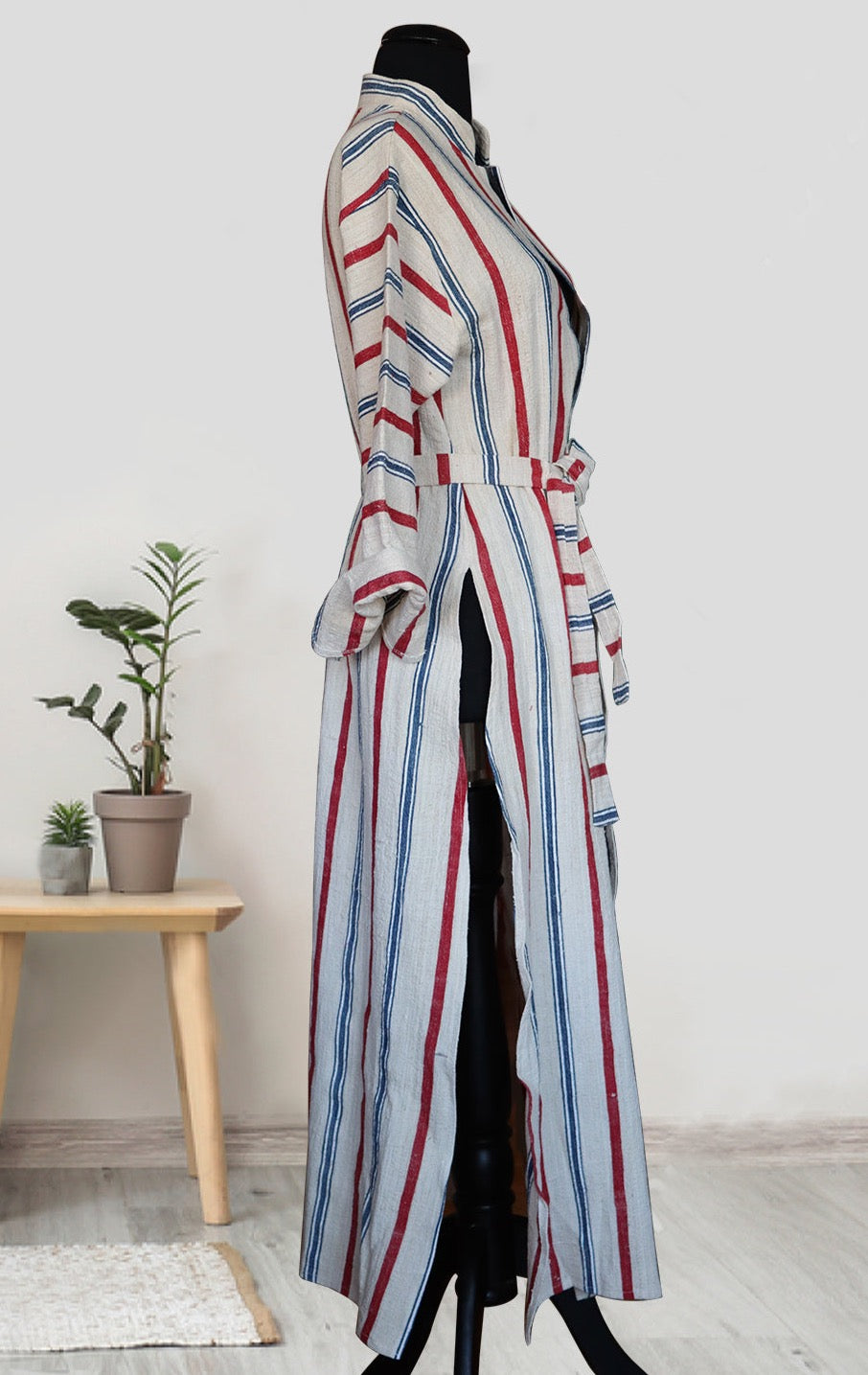 handwoven organic linen caftan blue and red stripes