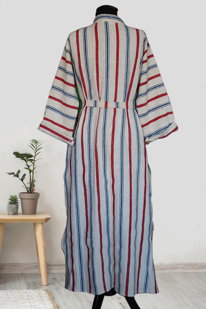 handwoven organic linen caftan blue and red stripes