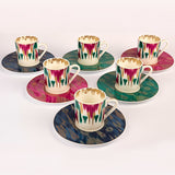 ikat patterned porcelain coffee cups, set of 6 with gold gilding. Elegant espresso or coffee cups for refined coffee moments and special occasions.