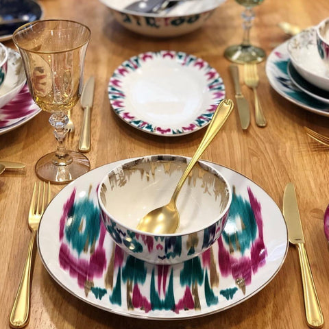 porcelain service plates of set with ikat print